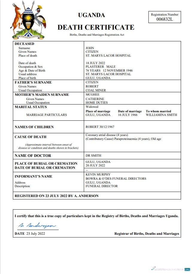 Download Uganda vital record death certificate Word and PDF template Photoshop template